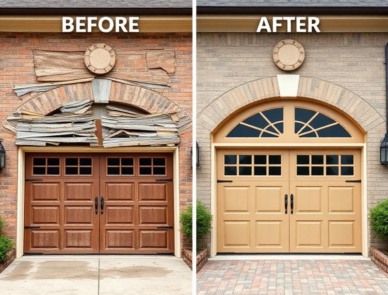 Before and after garage door replacement showing dramatic transformation