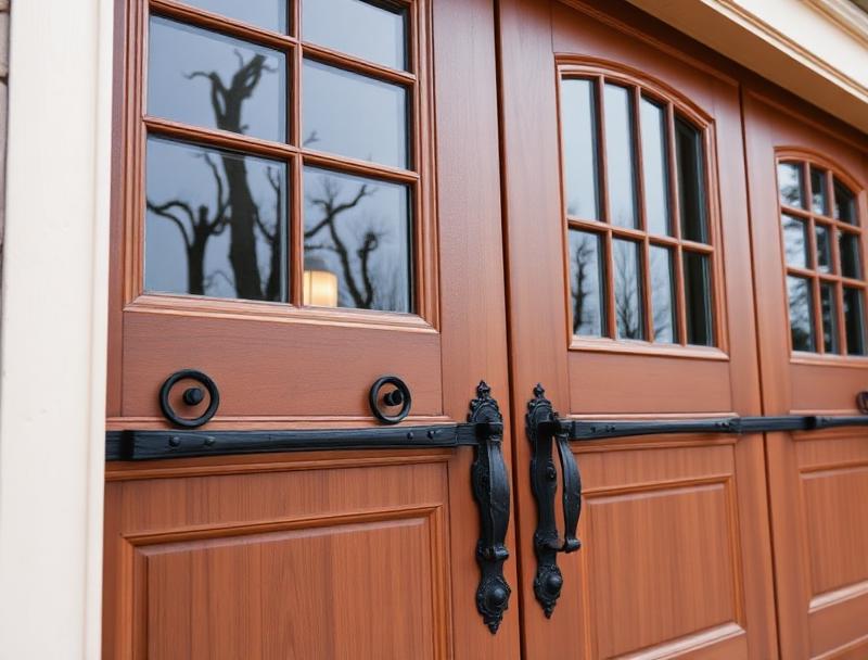 Carriage-style garage door with decorative black iron hardware