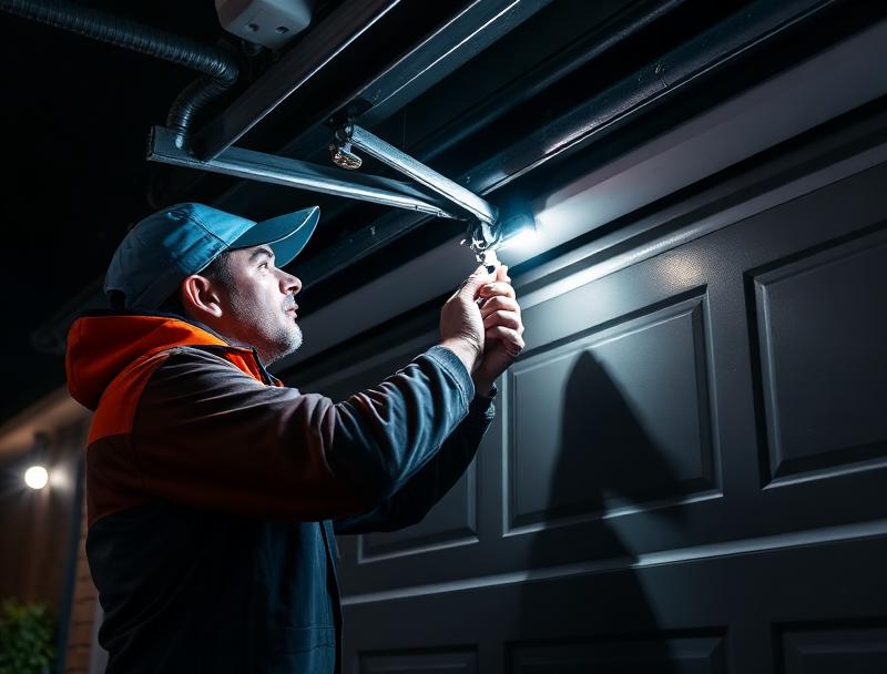 Professional technician performing emergency garage door repair at night