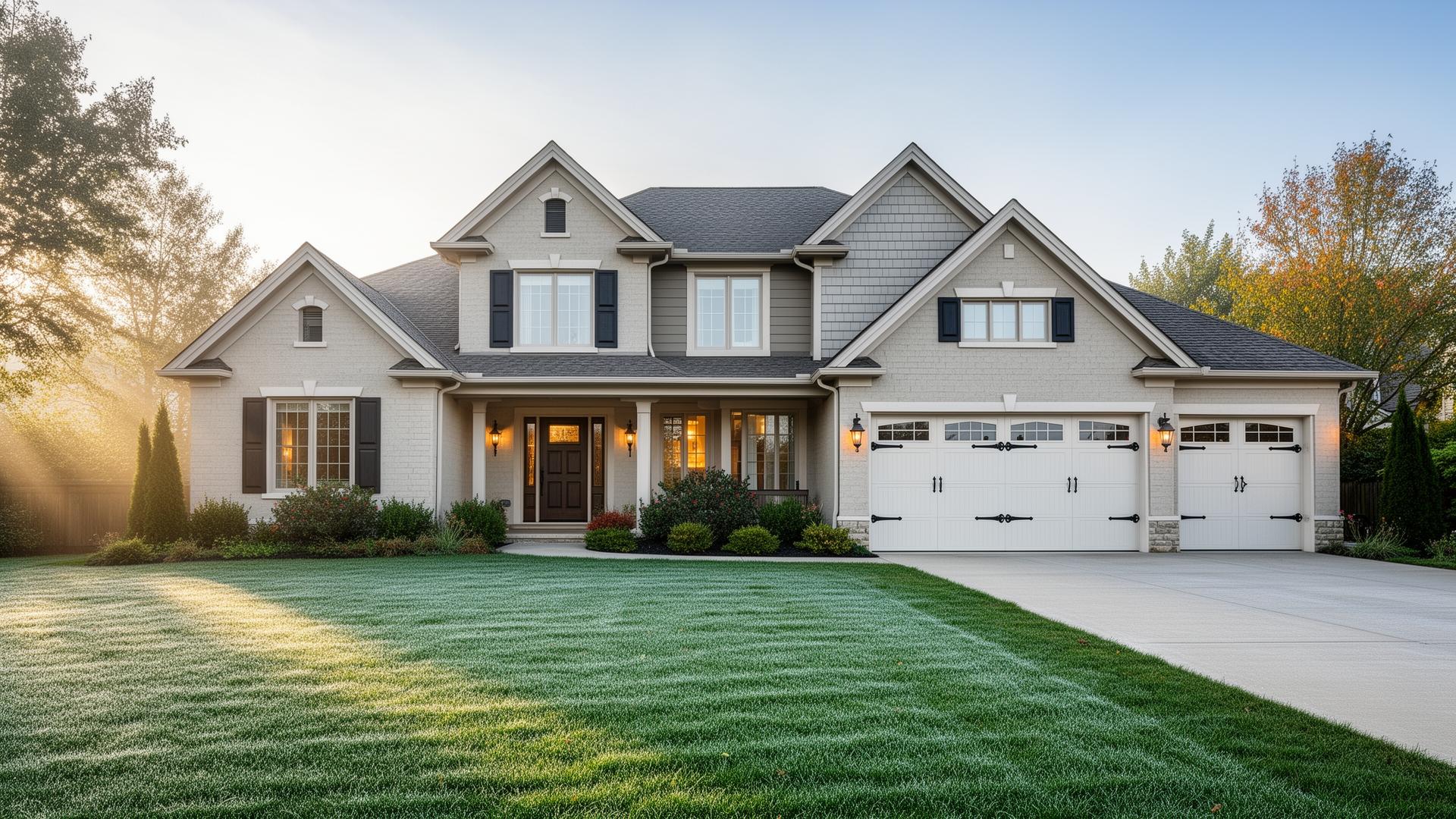 Beautiful suburban home with carriage-style garage doors featuring decorative black iron hardware